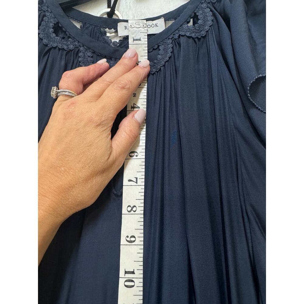 Ramy Brook Wrenn Embellished Blouson Midi Dress Size M Navy Satin Flutter Sleeve - Picture 8 of 15